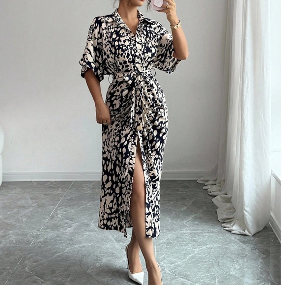 Leopard Print Button up Kimono Sleeve Shirt Dress - Picture 3 of 5